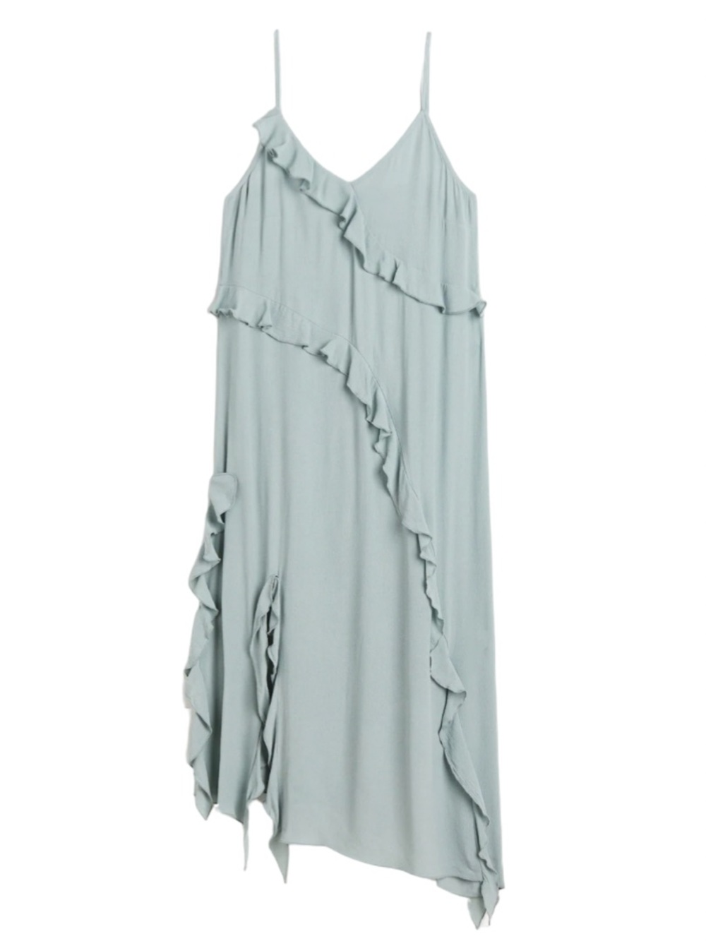 NWT H&M Flounce Trimmed Ruffle Slip Midi Dress Medium Blue Gray Party Wedding‎